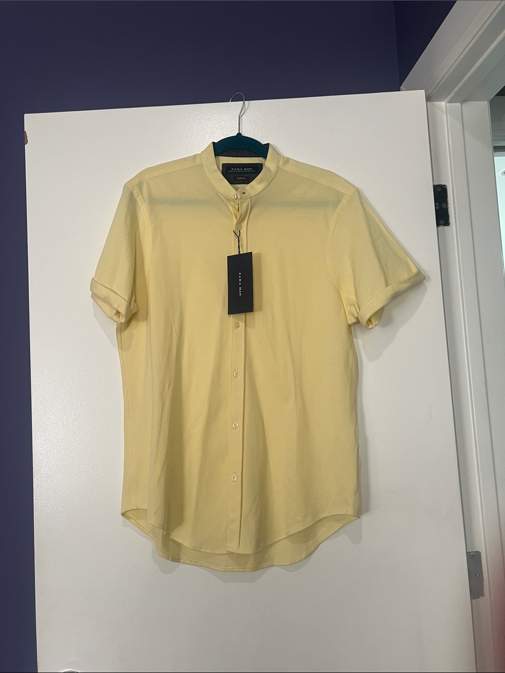 NWT Men  Zara Pale Yellow Short-Sleeve Mandarin Collar Shirt Med Slim fit
